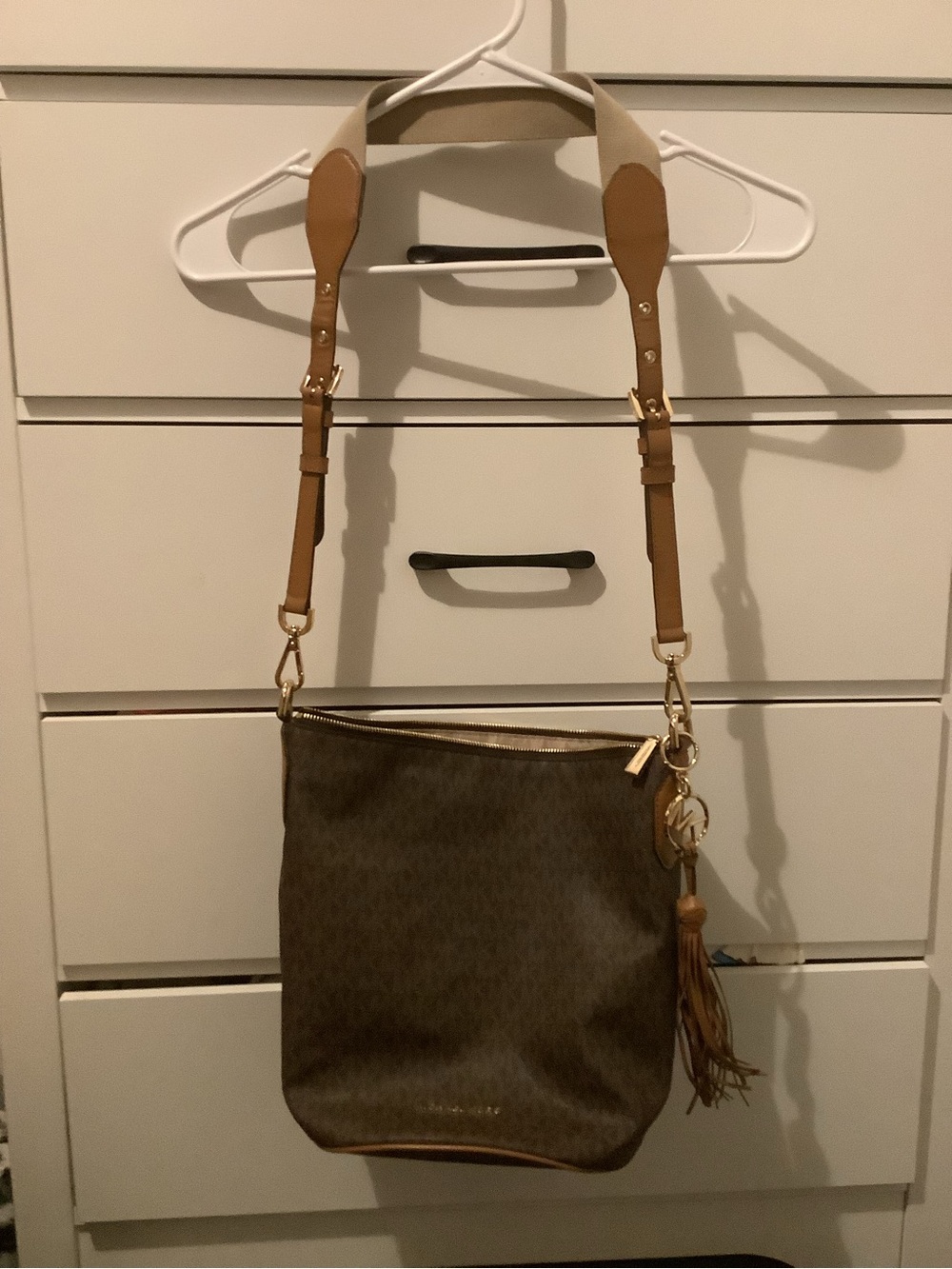 Michael Kors Brown Logo Crossbody with Tan Strap and Tassel